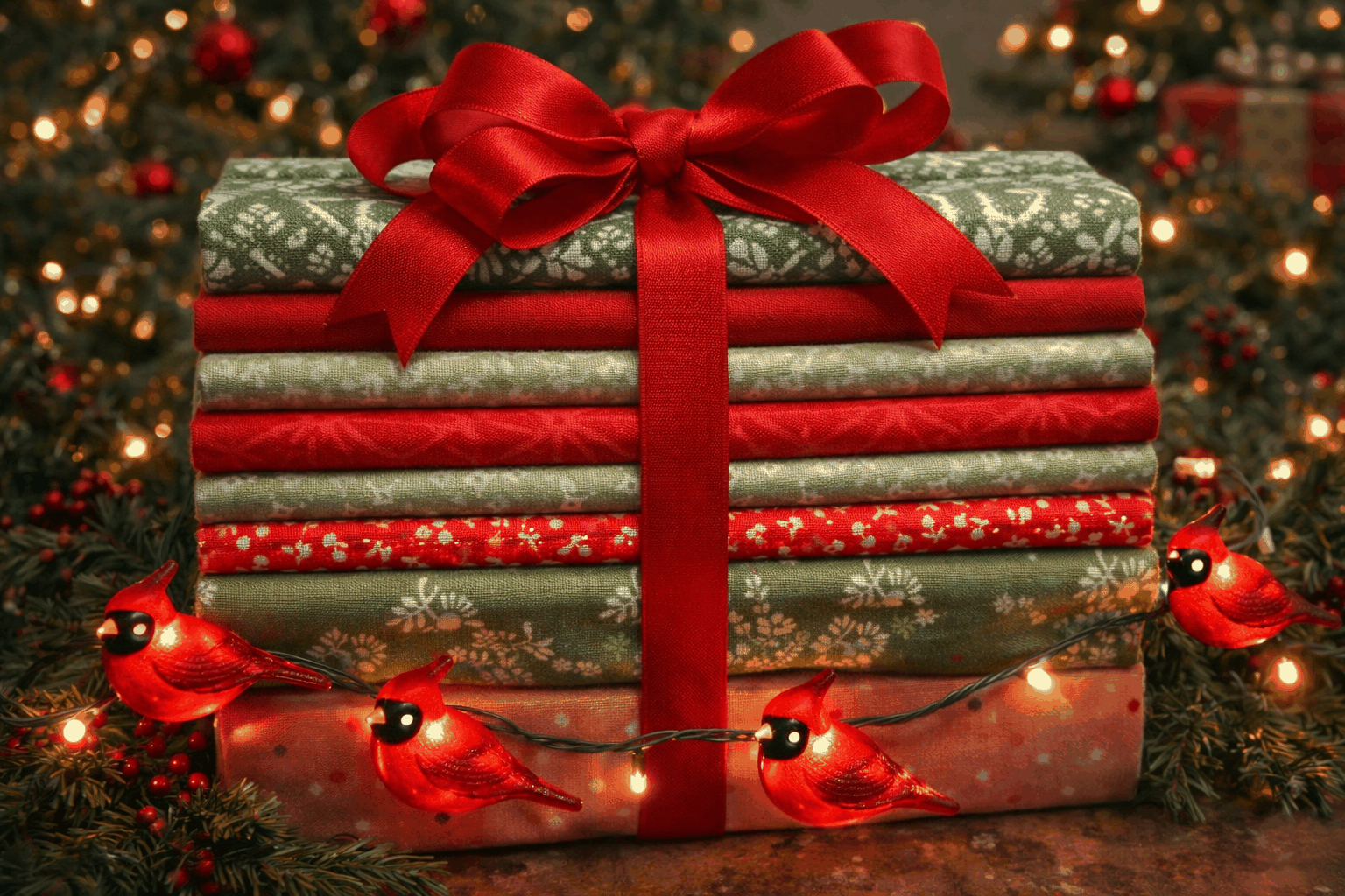 Stack of 6-inch green and red fabric strips tied with red ribbon from Advent Box Extra Fabric collection