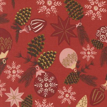 Old World Yuletide Christmas fabric with poinsettia, pinecones, baubles, and snowflakes on red background