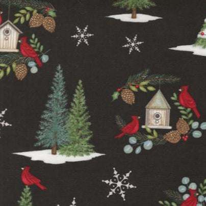 Winter Friends fabric charcoal black with cardinals pinecones snowflakes and birdhouses by Deb Strain for Moda Fabrics