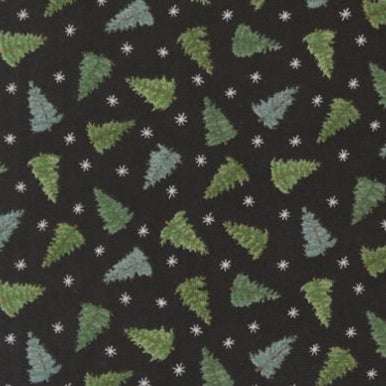 Winter Friends fabric by Deb Strain with charcoal black background and green-blue winter trees pattern