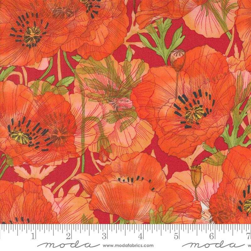 Superbloom Geranium fabric by Robin Pickens featuring orange floral design on red background, 100% cotton, sold by half yard