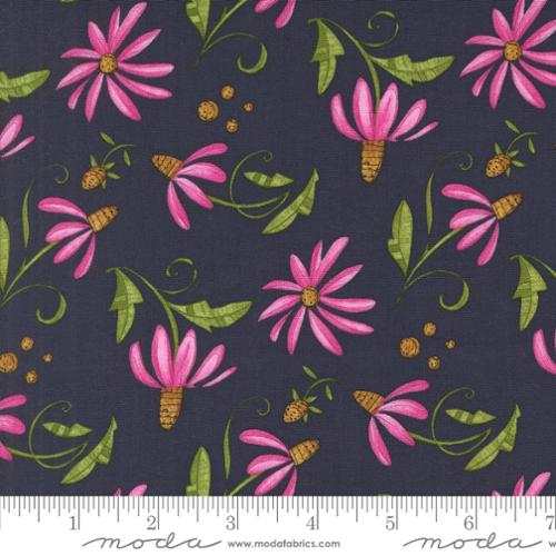 Superbloom Indigo cotton fabric with pink floral pattern on deep indigo background by Robin Pickens for Moda Fabrics
