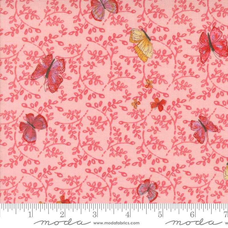 Superbloom Carnation fabric by Robin Pickens with pink floral and butterfly design, 100% cotton from Moda Fabrics