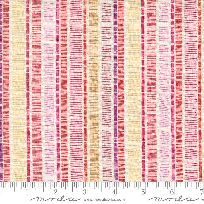 Superbloom Cream fabric by Robin Pickens for Moda Fabrics with vertical colorful stripe pattern in pink, orange, and cream tones