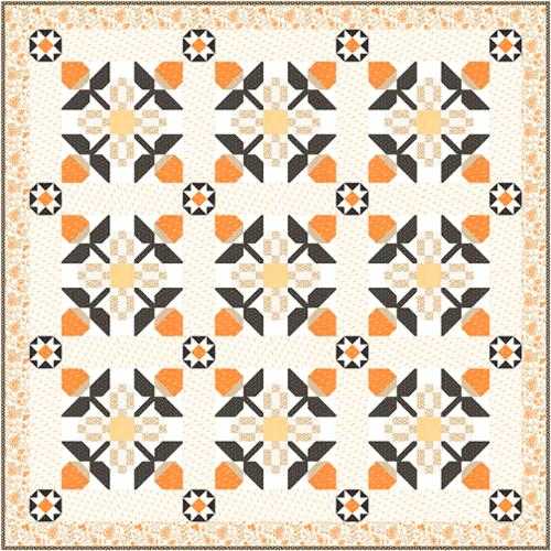 Pecan Blossoms Quilt Kit with orange, black, and cream floral patchwork design by Joanna Figueroa for Moda Fabrics