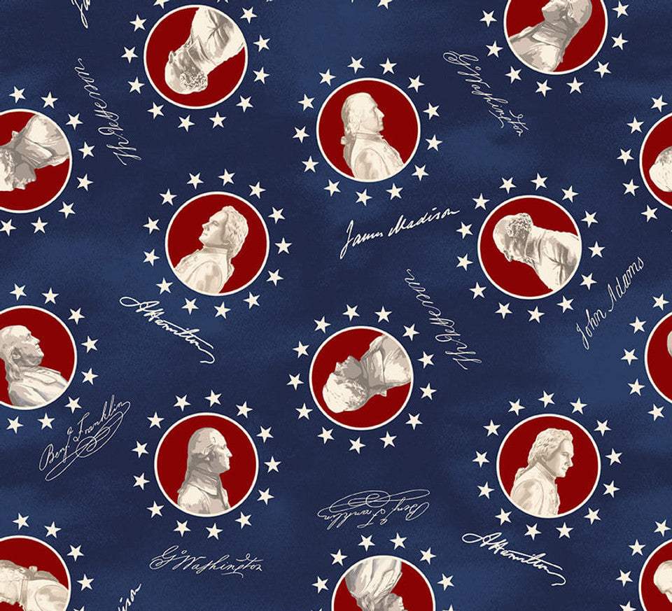 United We Stand navy fabric featuring colonial American portraits with vintage patriotic theme