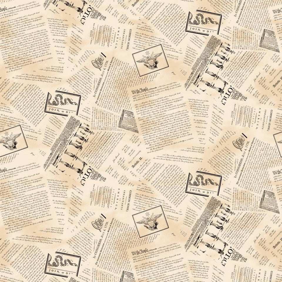 United We Stand cream paper fabric by Chestnut House Studios featuring vintage colonial American documents and patriotic designs