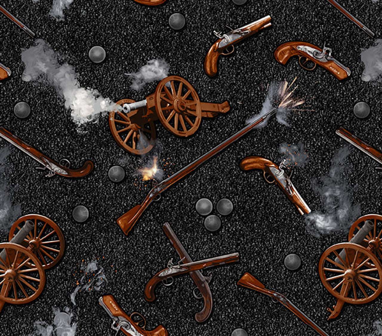 United We Stand fabric with black colonial cannons, muskets, and pistols by Chestnut House Studios