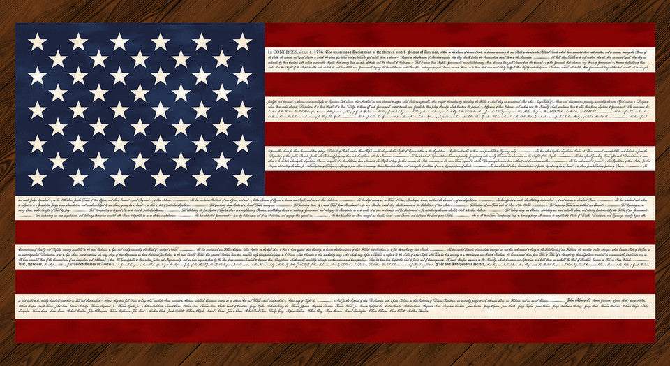 United We Stand red and navy vintage American flag fabric panel by Chestnut House Studios