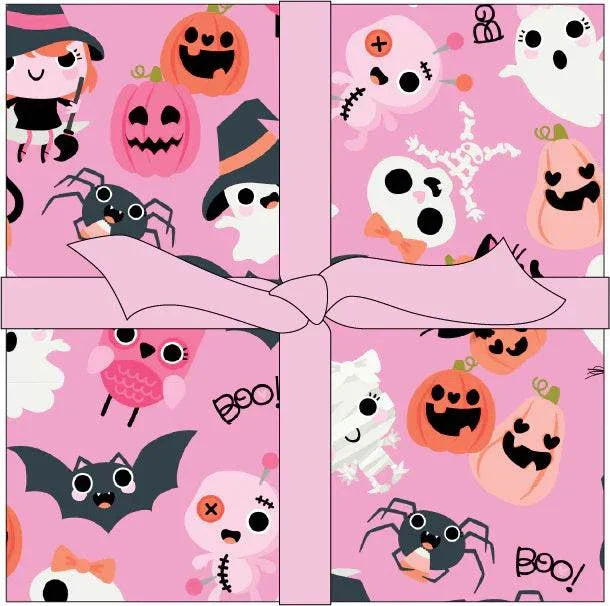 Not Scary Halloween fabric squares with friendly ghosts and witches in pink, orange, grey, and green colors