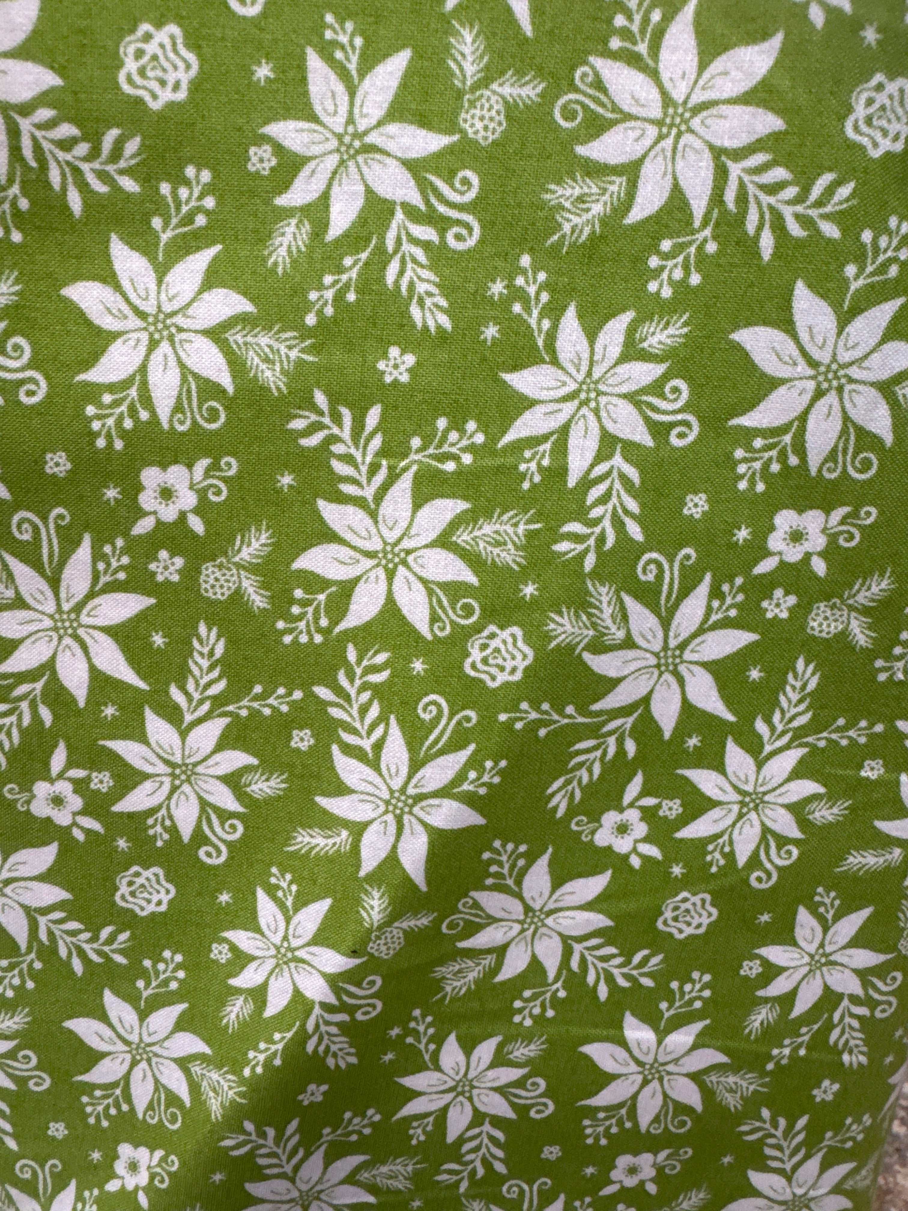 Winter Wonder green fabric with white floral and botanical pattern sold by half yard