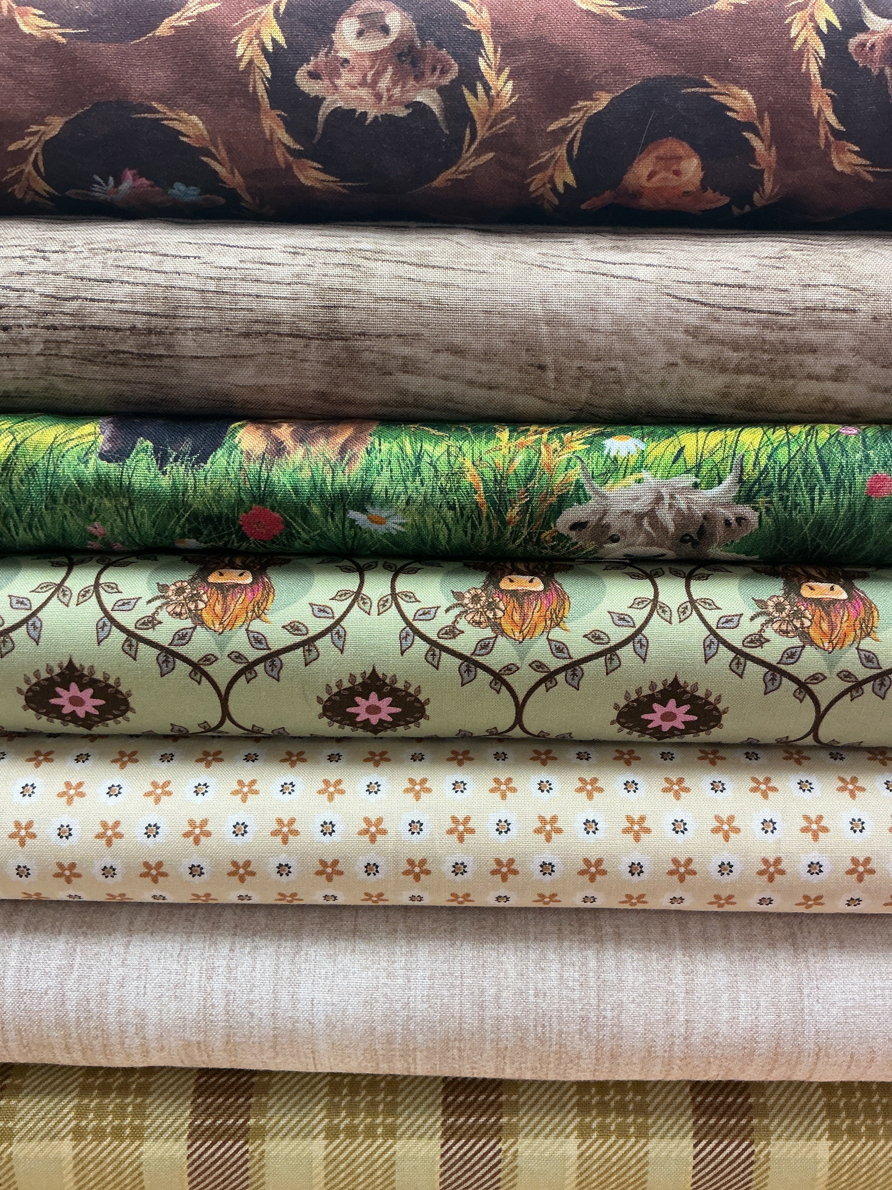 Set of seven 20-inch coordinating fabrics for Six-Pack Party quilting bundle