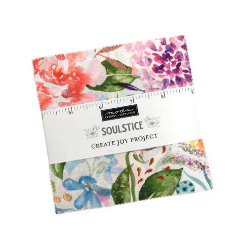 Soulstice Charm Pack 42 pre-cut 5-inch fabric squares with colorful floral designs by Laura Muir for Moda Fabrics