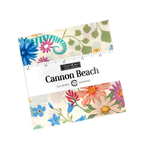 Cannon Beach Charm Pack by Crystal Manning featuring 42 colorful 5-inch fabric squares with floral and coastal Pacific Northwest designs