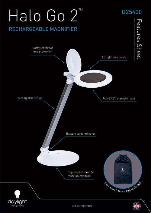 Halo Go 2 rechargeable magnifying lamp with 5 diopter lens and USB-C charging