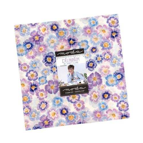 Delphinium Layer Cake fabric squares by Janet Clare for Moda Fabrics featuring blue and lilac floral designs