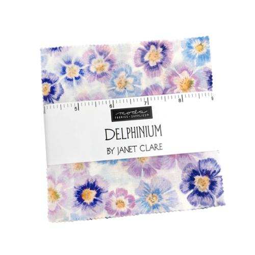 Delphinium Charm Pack 42 five-inch fabric squares by Janet Clare for Moda Fabrics featuring blue and lilac floral designs