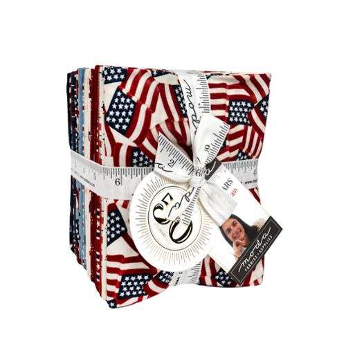 American 250 Years fat quarter bundle by Deb Strain featuring patriotic red, white, and blue fabric designs for 250th anniversary projects