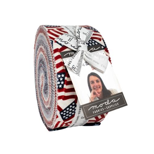 American 250 Years Jelly Roll fabric strips by Deb Strain with patriotic red, white, and blue designs