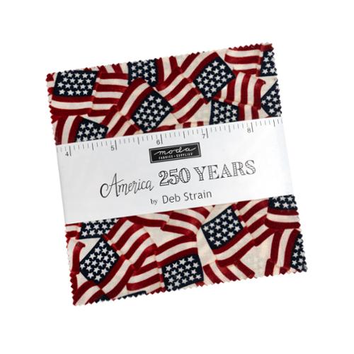American 250 Years Charm Pack by Deb Strain featuring patriotic red, white, and blue fabric squares