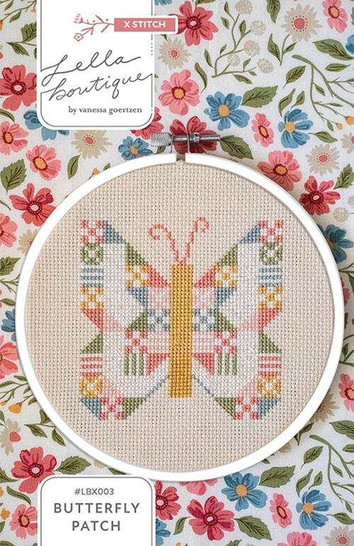 Butterfly Patch Cross Stitch pattern by Vanessa Goertzen in a 6-inch hoop with colorful quilt-inspired butterfly design