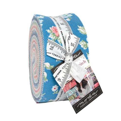 A Cat Named Stitch Jelly Roll fabric strips by Camille Roskelley featuring vintage florals and cats