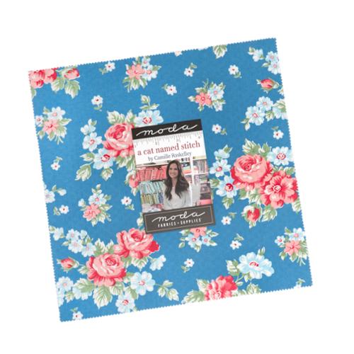 A Cat Named Stitch fabric layer cake with vintage florals, stripes, and kitten prints by Camille Roskelley