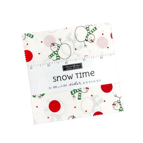 Snow Time Charm Pack by Me and My Sister Designs featuring snowmen, snowflakes, and holiday patterns in green and red squares