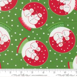 Snow Time fabric by Me & My Sister Designs featuring festive snowmen, snowflakes, and holiday motifs in evergreen and red tones
