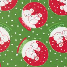Snow Time fabric by Me & My Sister Designs featuring festive snowmen, snowflakes, and holiday motifs in evergreen and red tones