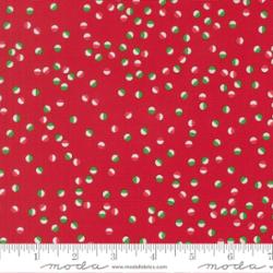 Close-up of Snow Time fabric in Poinsettia Red with snowmen and holiday motifs by Me & My Sister for Moda Fabrics