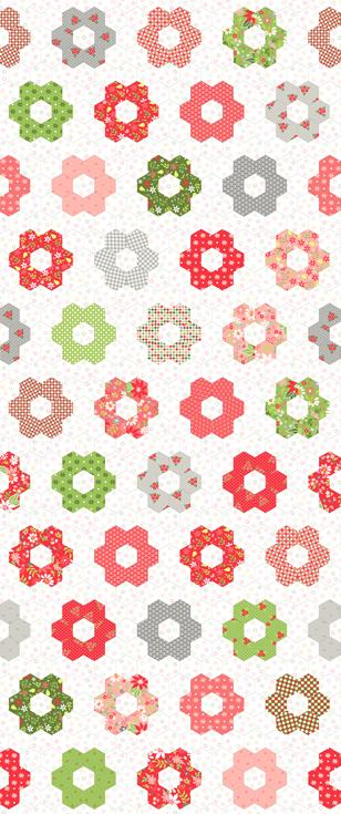 Poinsettia & Pear Hexie Cheater Cloud fabric pattern featuring poinsettias, pears, florals, and seasonal prints in red, green, pink, and grey by Sherri & Chelsi for Moda Fabrics