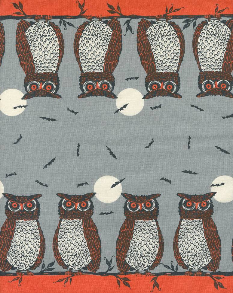 16" Classic Retro Holiday fabric with owls, moons, and bats on gray background for holiday-themed sewing