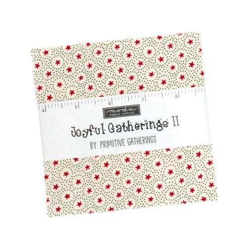 Joyful Gatherings II charm pack of 42 festive 5-inch fabric squares in red, green, and cream by Lisa Bongean for Moda Fabrics