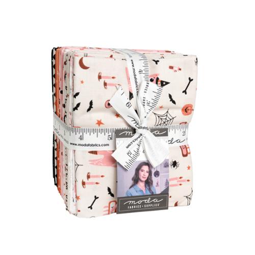 Purrs and Boos Fat Quarter Bundle with playful Halloween-themed fabric featuring friendly ghosts, pumpkins, black cats, and spiders in vibrant colors by Elena Amo for Moda Fabrics