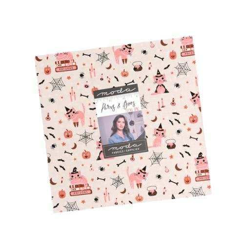 Purrs and Boos Layer Cake 42 10-inch fabric squares by Elena Amo for Moda Fabrics with playful Halloween-themed designs and festive colors