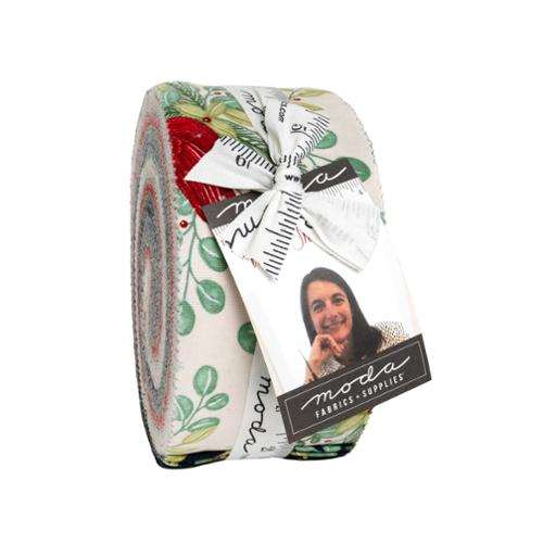 When Snow Falls Jelly Roll fabric strips with cardinals, chickadees, winter stockings, and festive greenery by Deb Strain