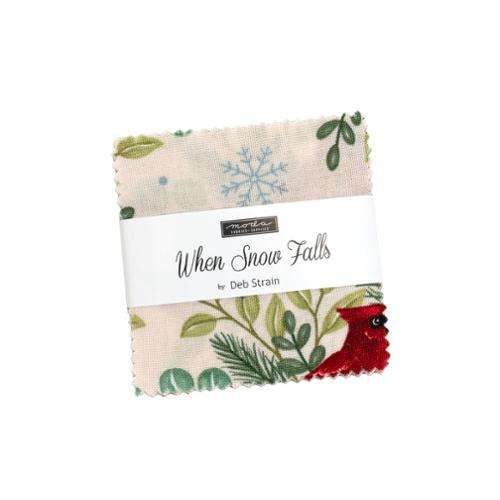 When Snow Falls mini charm pack with winter birds, stockings, and festive patterns by Deb Strain for Moda Fabrics