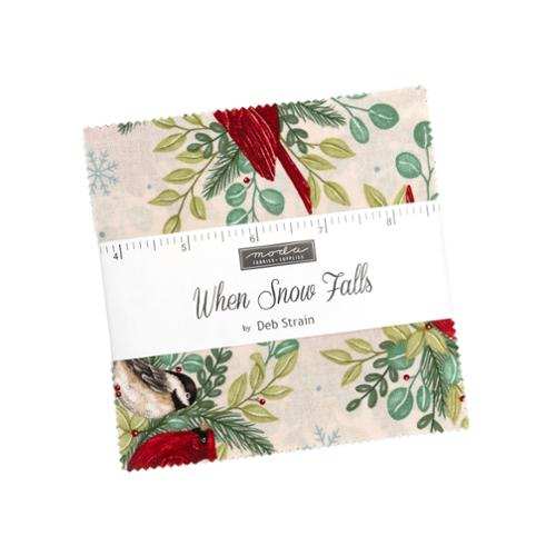When Snow Falls Charm Pack 42 pre-cut fabric squares with cardinals and chickadees in winter stockings by Deb Strain