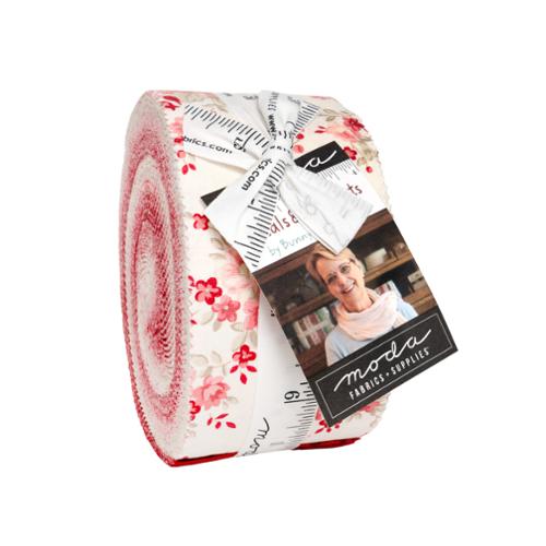 Petals and Polka Dots Jelly Roll fabric strips by Bunny Hill Designs in red, pink, and white polka dot and floral patterns