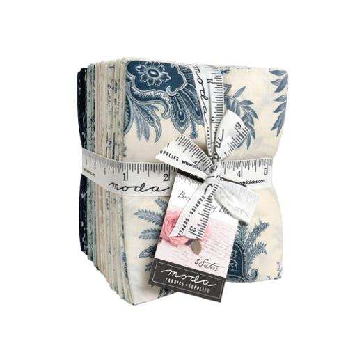 Pre-order Breathtaking Blues fat quarter bundle with 30 blue and cream fabric pieces by 3 Sisters for Moda Fabrics