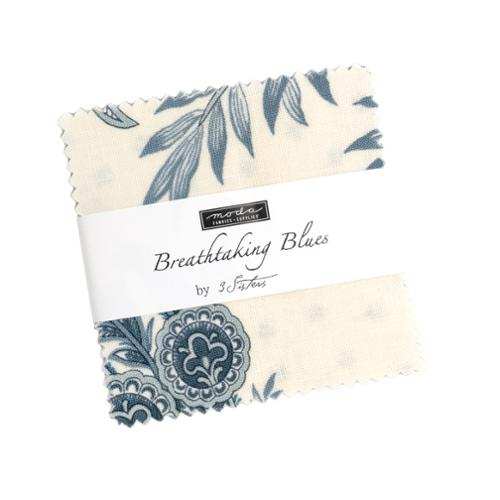 Pre-order Breathtaking Blues charm pack with 42 blue and cream fabric squares by 3 Sisters for Moda Fabrics