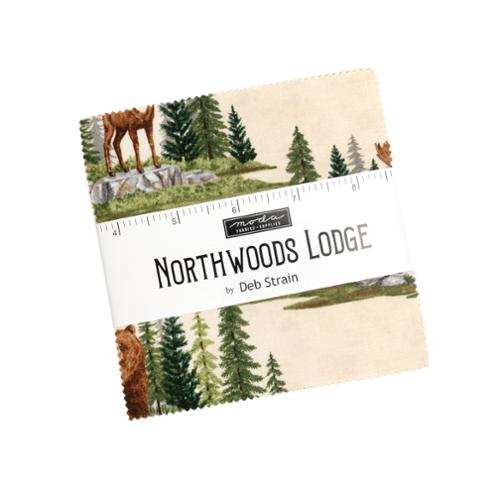 Northwoods Lodge Mini Charm fabric pack by Deb Strain with forest and wildlife designs from Moda Fabrics pre-order