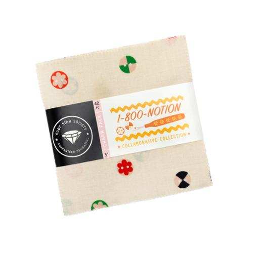 1-800 Notion Charm Pack by Ruby Star Society with 42 colorful 5-inch fabric squares for quilting and sewing