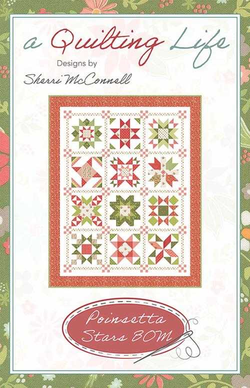 Poinsettia Stars BOM Pattern quilt with 12 star blocks and sashing by Sherri McConnell