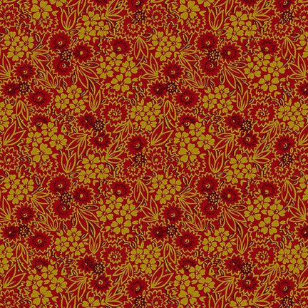 Baubles & Balsam pressed flowers cranberry fabric with red and olive floral pattern by Kim Diehl