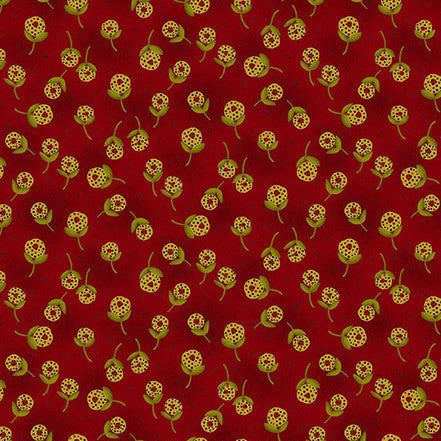 Baubles & Balsam Dandelion Orbs cranberry fabric with gold floral motifs on red background by Kim Diehl