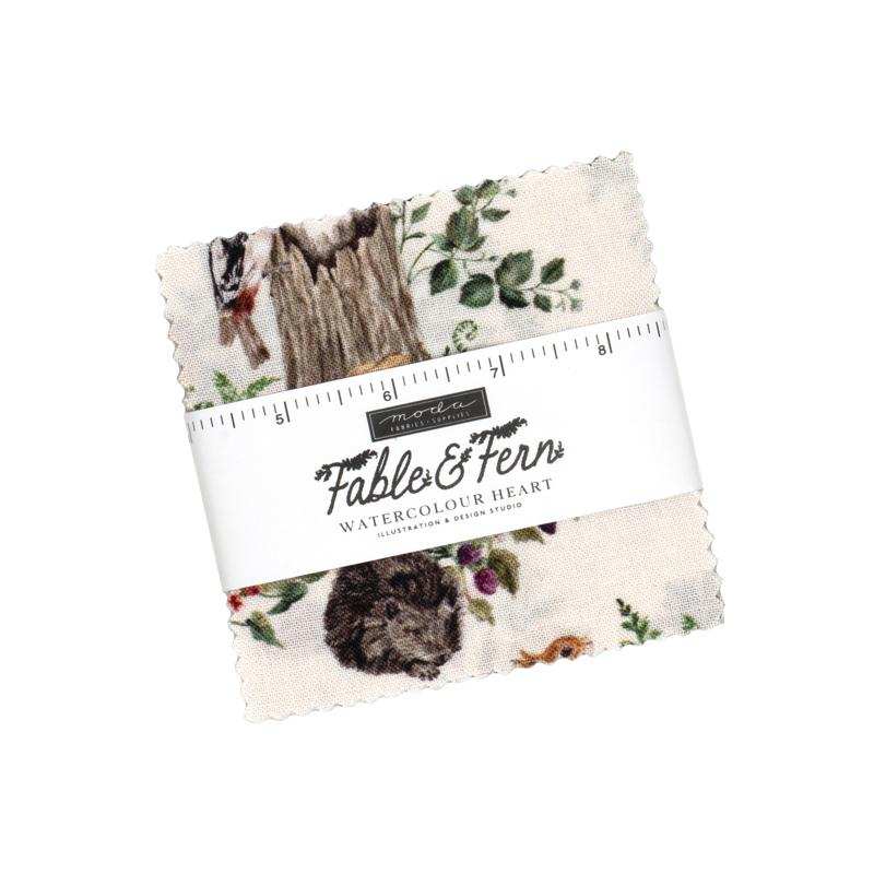 Fable and Fern Mini Charm Pack with woodland animal and nature prints by Watercolour Heart for Moda Fabrics