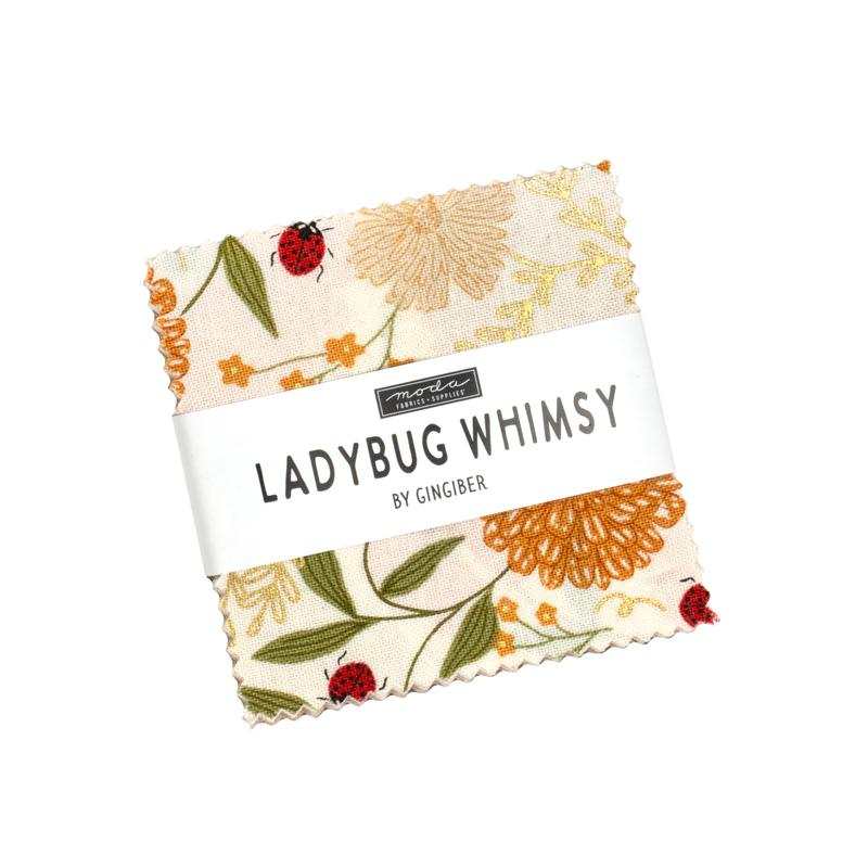 Ladybug Whimsy Mini Charm Pack with 42 floral and whimsical fabric squares by Gingiber for Moda Fabrics