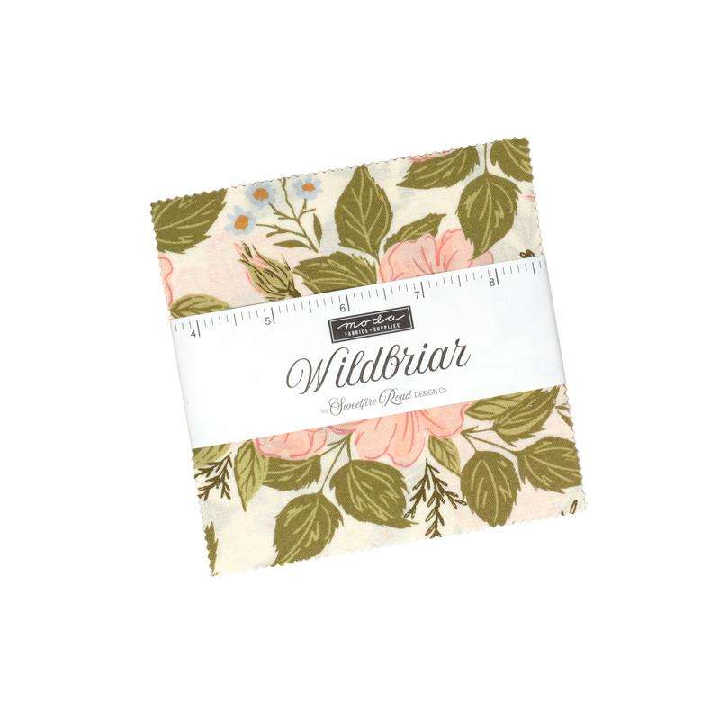 Wildbriar Charm Pack 42 pre-cut 5-inch squares with climbing roses and butterflies fabric designs by Sweetfire Road for Moda Fabrics